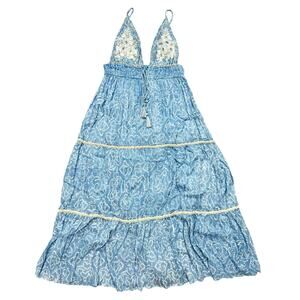 Ananta Boho Beaded Maxi Dress Plus 1X/2X Pastel Blue Embroidered Tiered